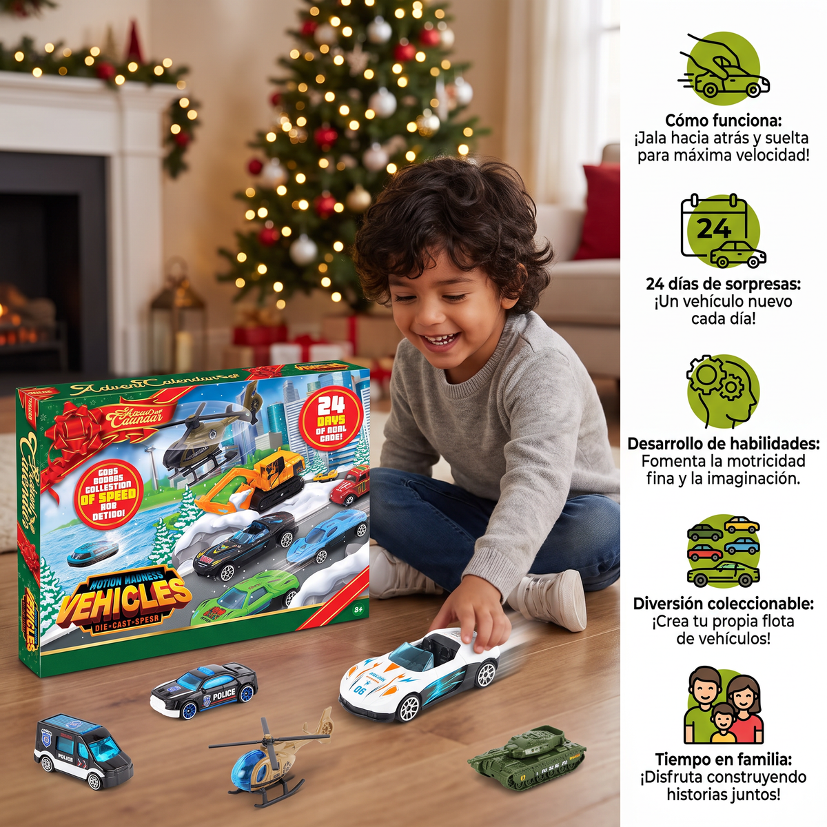 Calendario de Adviento navideño con autos de fundición a presión para niños
