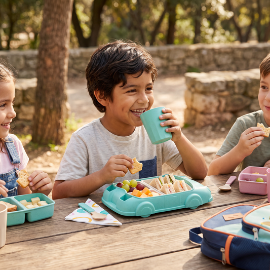Lonchera Bento infantil con diseño de auto – Caja de comida dividida con vaso