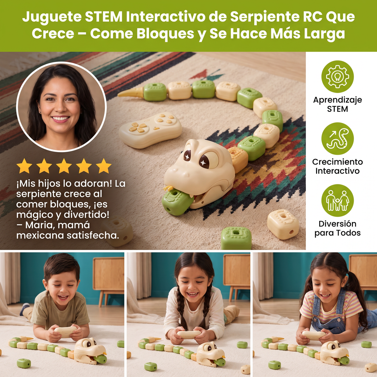 Juguete STEM Interactivo de Serpiente RC Que Crece – Come Bloques y Se Hace Más Larga