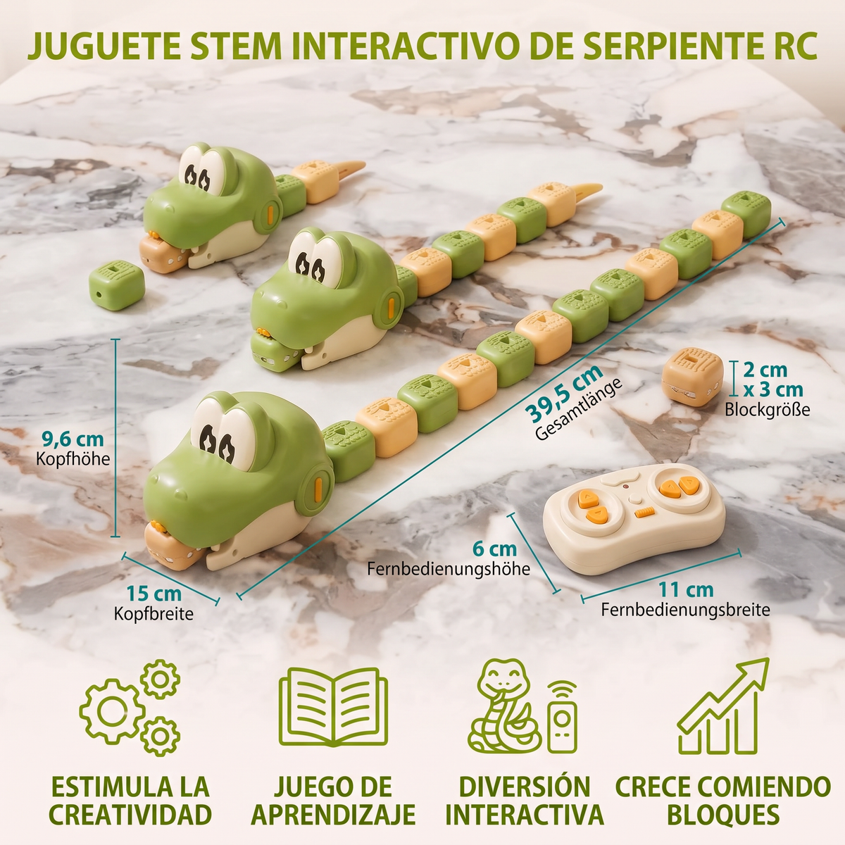 Juguete STEM Interactivo de Serpiente RC Que Crece – Come Bloques y Se Hace Más Larga