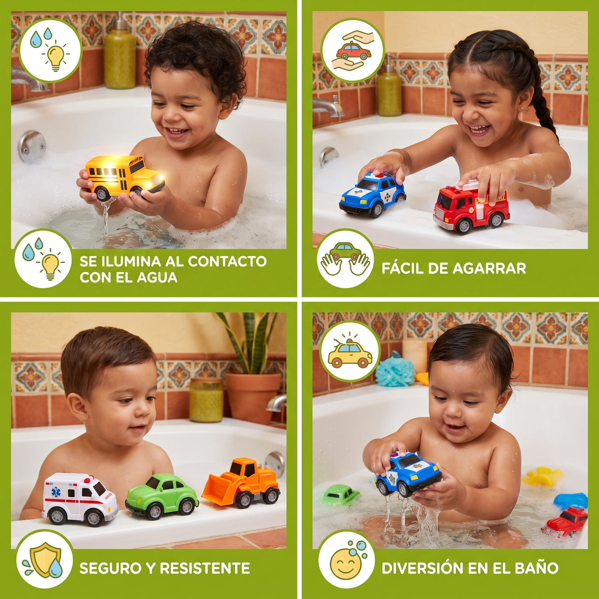 Set De Autos Luminosos Para La Bañera – Juguete De Baño Activado Por Agua Para Bebés