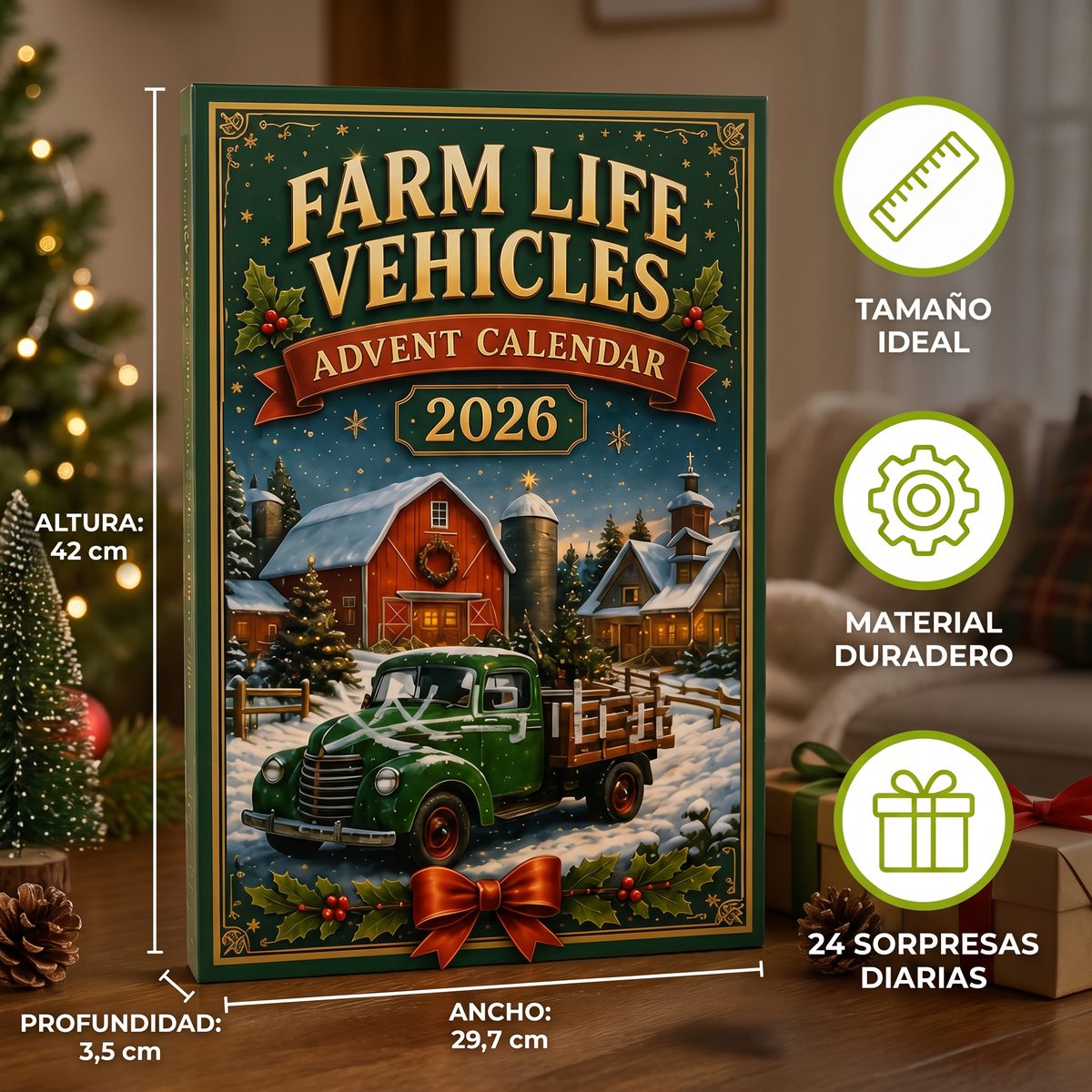 Calendario de Adviento Navideño de 24 Días con Vehículos Agrícolas