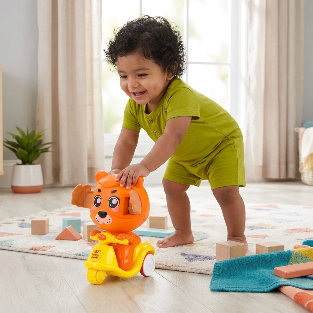Juguete de Motocicleta de Animalito de Presionar y Soltar – Vehículo Adorable con Juego de Escondite