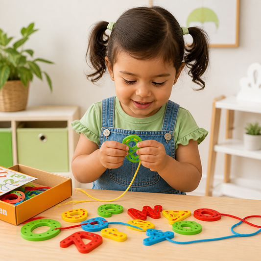 Juego Educativo De Enhebrado De Madera Con Letras, Números Y Colores