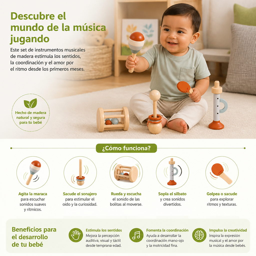 Set De Instrumentos Musicales De Madera Montessori Para Bebés – Juguete Sensorial Y De Sonajero De 5 Piezas