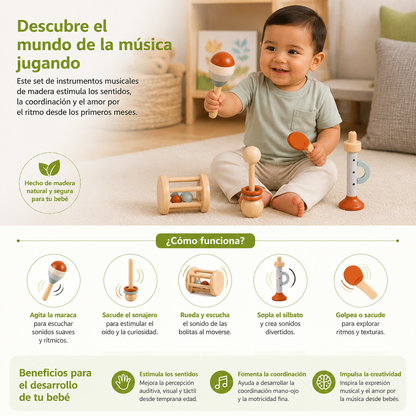 Set De Instrumentos Musicales De Madera Montessori Para Bebés – Juguete Sensorial Y De Sonajero De 5 Piezas