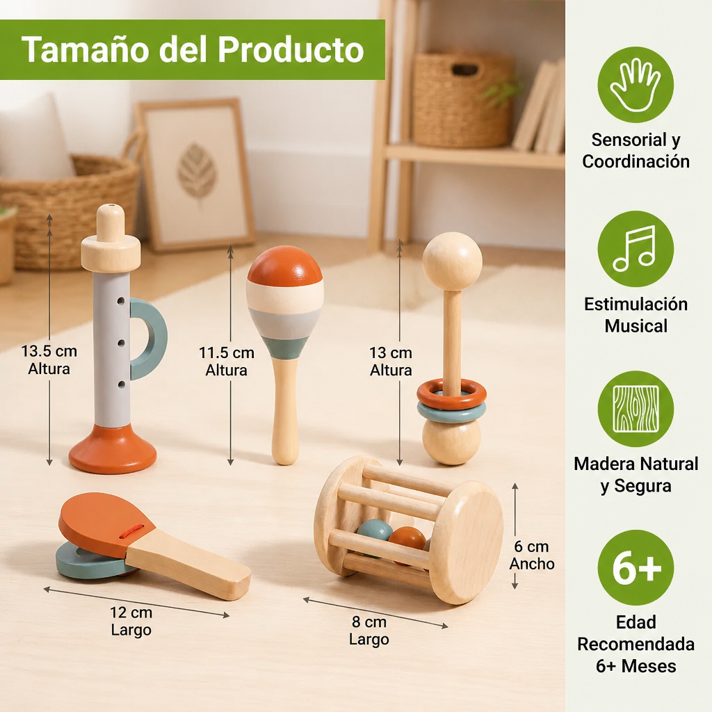 Set De Instrumentos Musicales De Madera Montessori Para Bebés – Juguete Sensorial Y De Sonajero De 5 Piezas