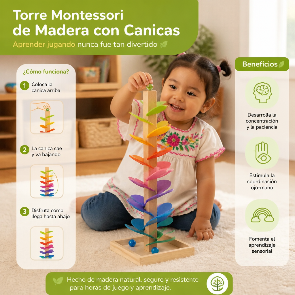 Torre Montessori de Madera con Canicas de Arcoíris