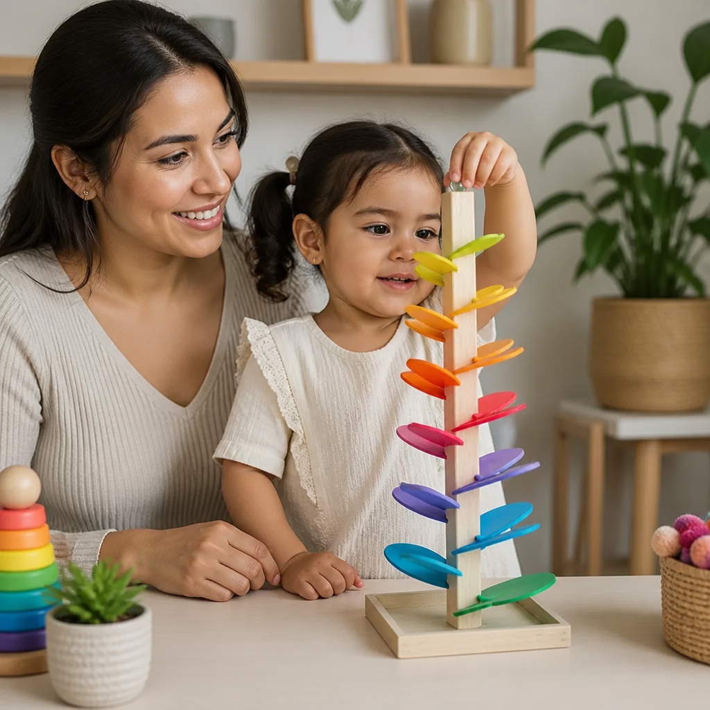 Torre Montessori de Madera con Canicas de Arcoíris