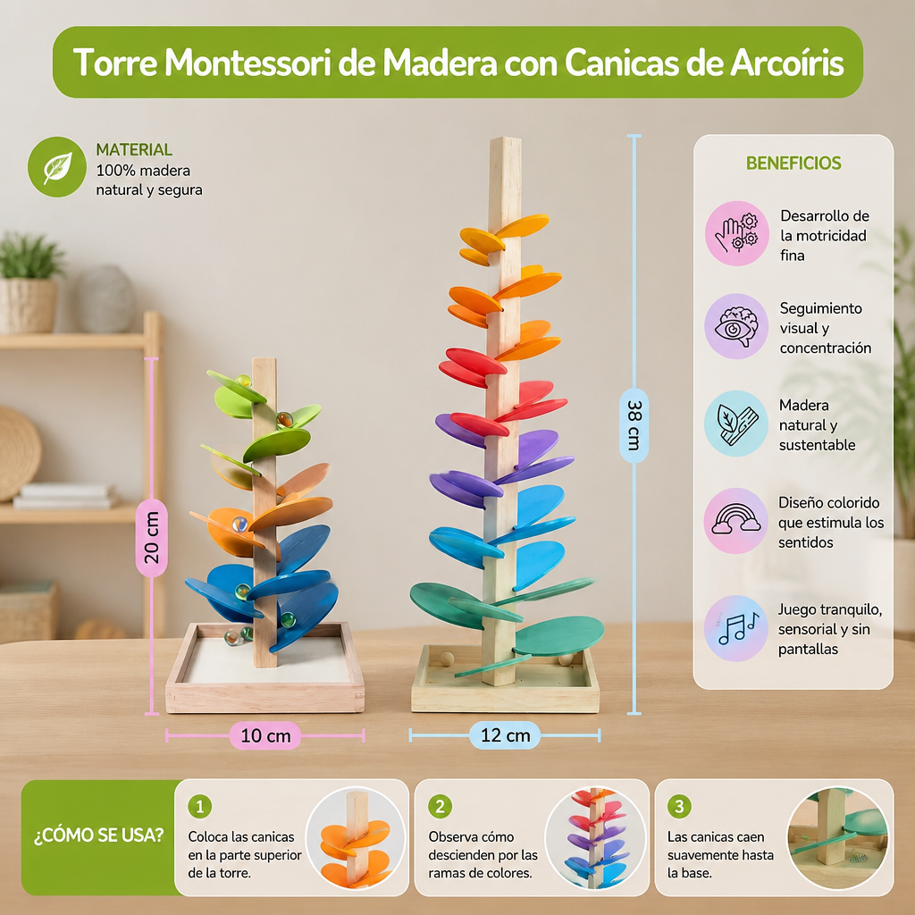 Torre Montessori de Madera con Canicas de Arcoíris