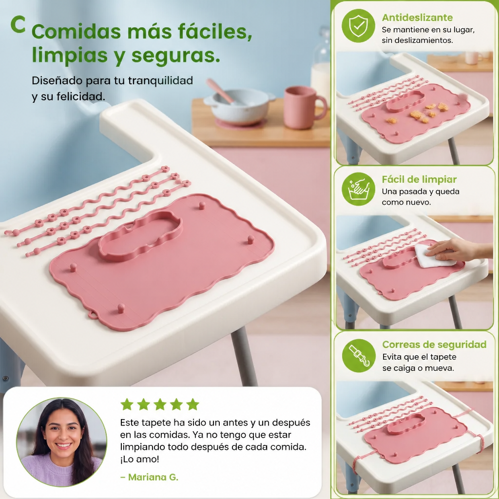 Tapete de Silicona Antideslizante para Mesa de Bebé con Ventosa y Correa Anticaídas