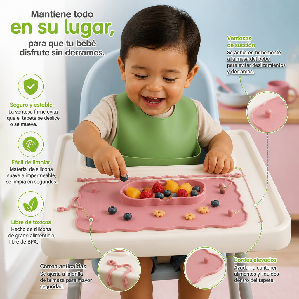 Tapete de Silicona Antideslizante para Mesa de Bebé con Ventosa y Correa Anticaídas