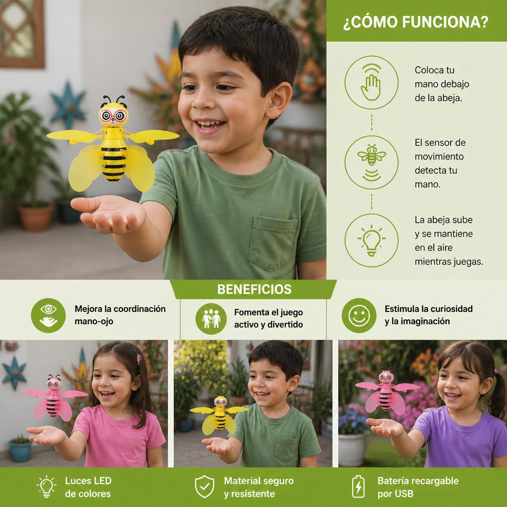 Juguete de abeja voladora controlado con la mano, con sensor de movimiento y luces LED