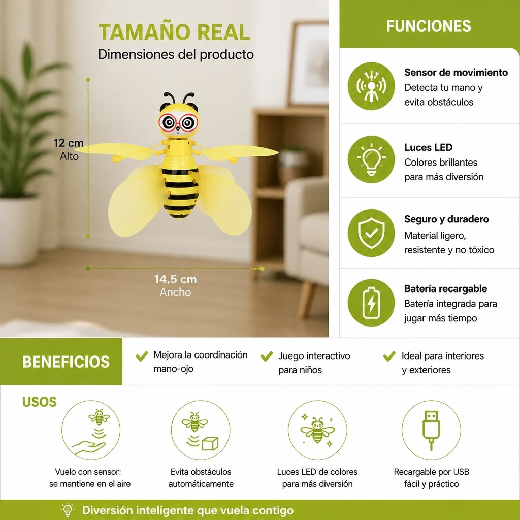 Juguete de abeja voladora controlado con la mano, con sensor de movimiento y luces LED