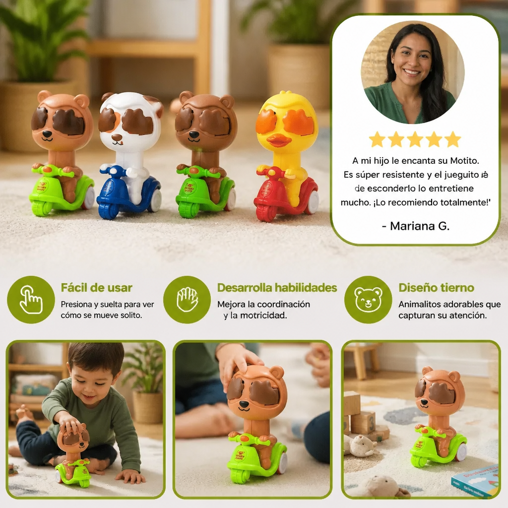 Juguete de Motocicleta de Animalito de Presionar y Soltar – Vehículo Adorable con Juego de Escondite