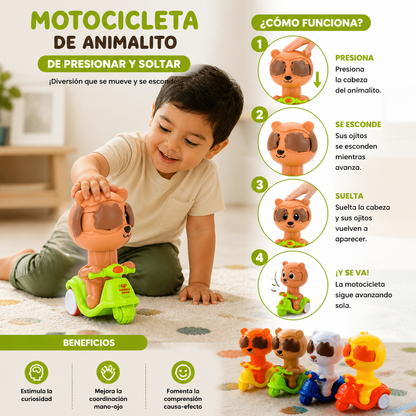 Juguete de Motocicleta de Animalito de Presionar y Soltar – Vehículo Adorable con Juego de Escondite