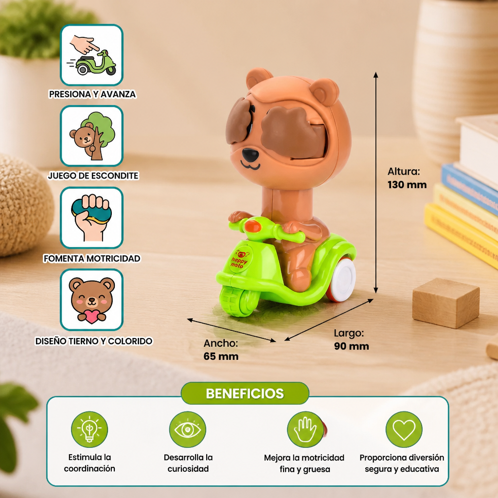 Juguete de Motocicleta de Animalito de Presionar y Soltar – Vehículo Adorable con Juego de Escondite