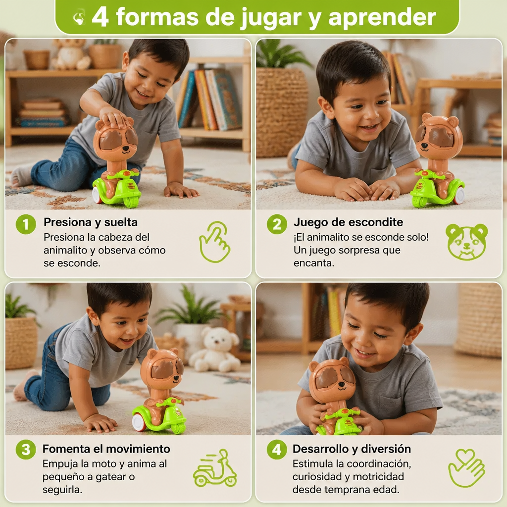 Juguete de Motocicleta de Animalito de Presionar y Soltar – Vehículo Adorable con Juego de Escondite