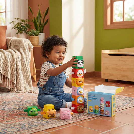 Set De Apilamiento Montessori Educativo De Animales Y Bloques De Construcción