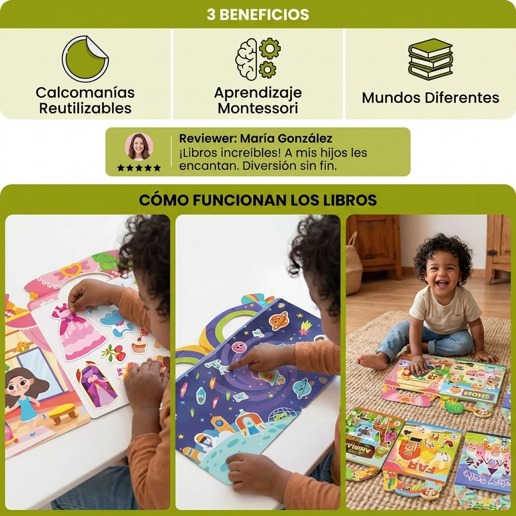 Libros Montessori De Pegatinas Reutilizables Con Diferentes Temáticas