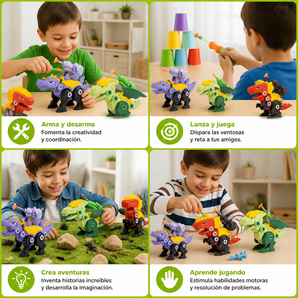 Set de Dinosaurios con Tornillos y Cañón de Ventosas