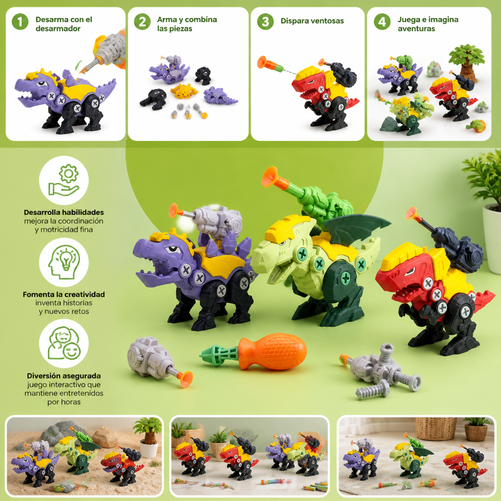 Set de Dinosaurios con Tornillos y Cañón de Ventosas