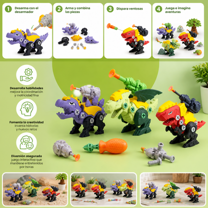 Set de Dinosaurios con Tornillos y Cañón de Ventosas