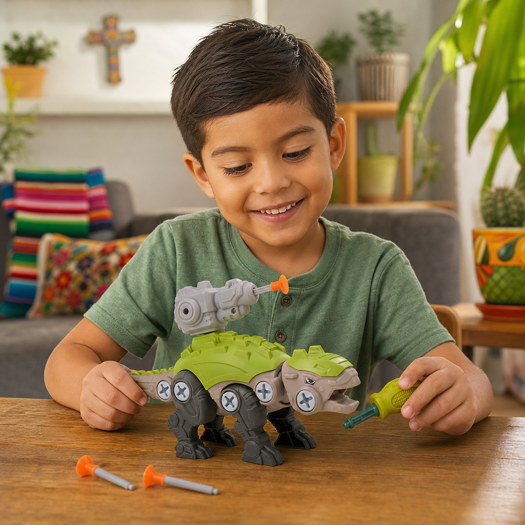 Set de Dinosaurios con Tornillos y Cañón de Ventosas