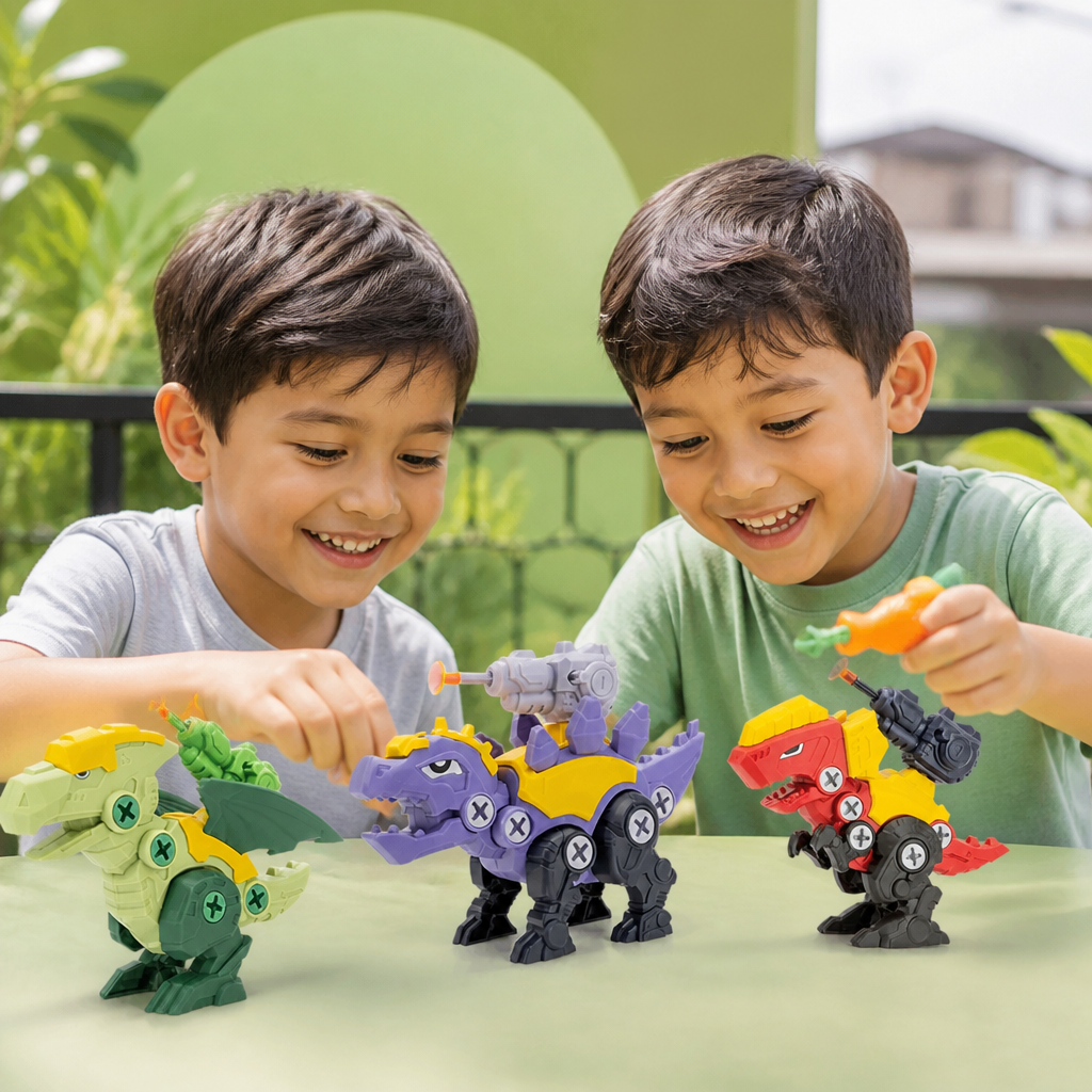 Set de Dinosaurios con Tornillos y Cañón de Ventosas