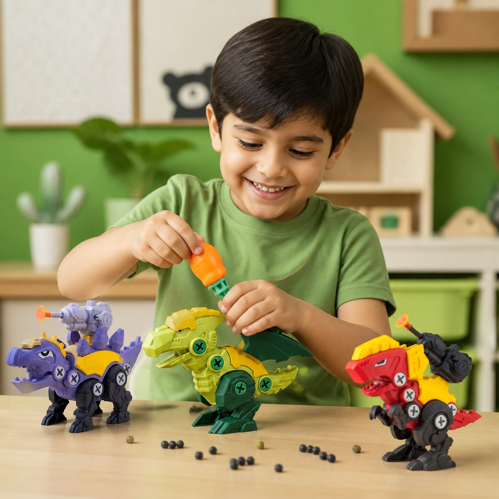Set de Dinosaurios con Tornillos y Cañón de Ventosas