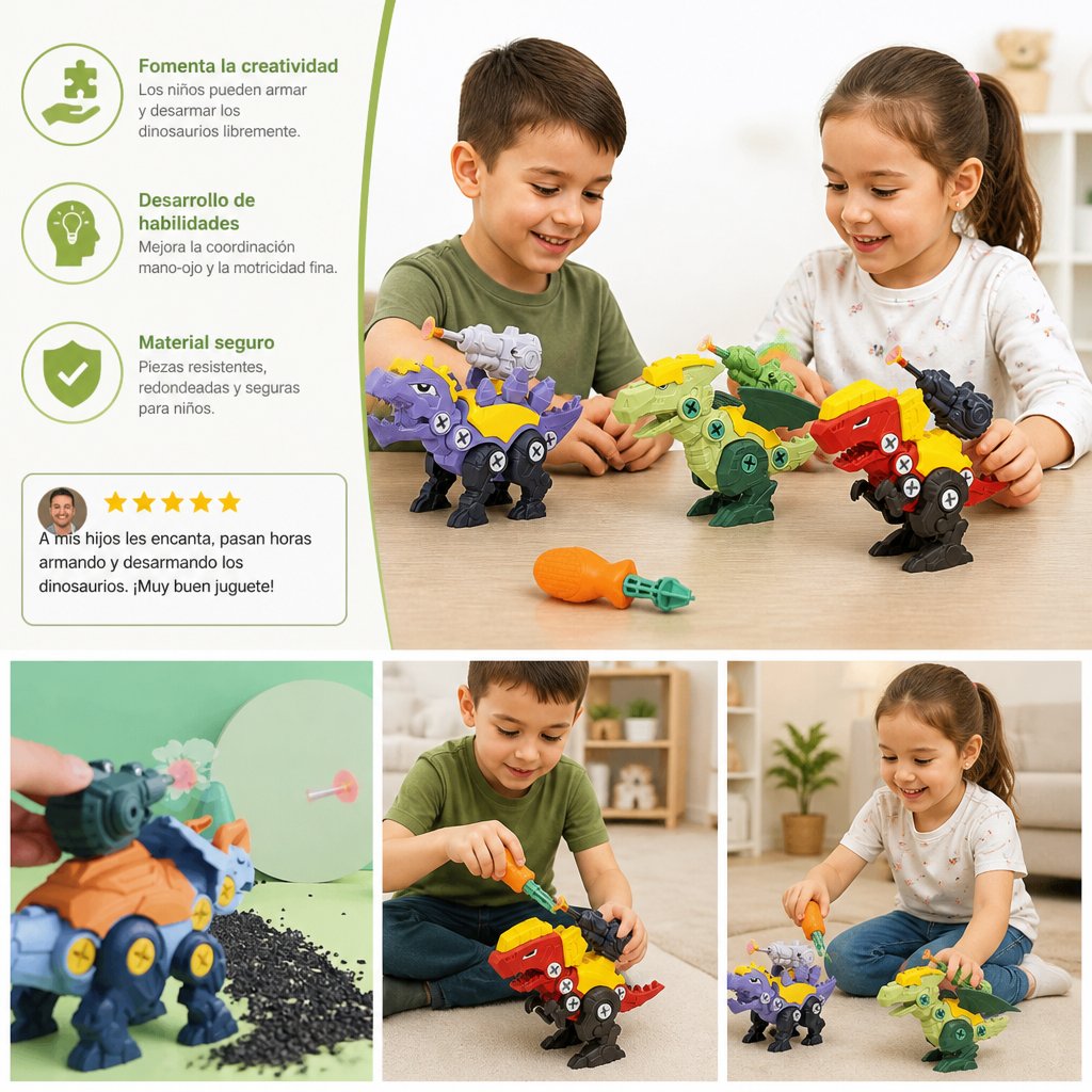 Set de Dinosaurios con Tornillos y Cañón de Ventosas