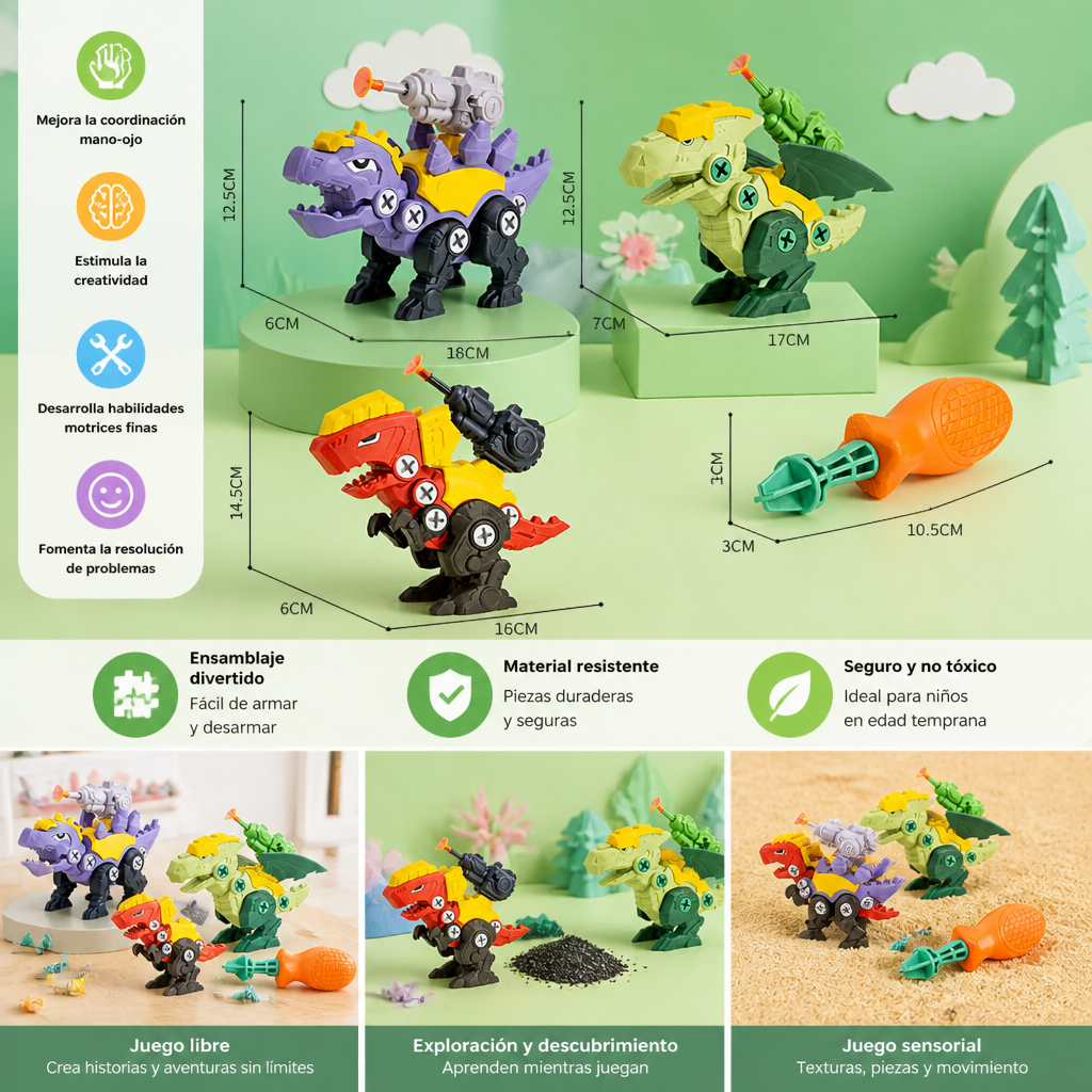 Set de Dinosaurios con Tornillos y Cañón de Ventosas