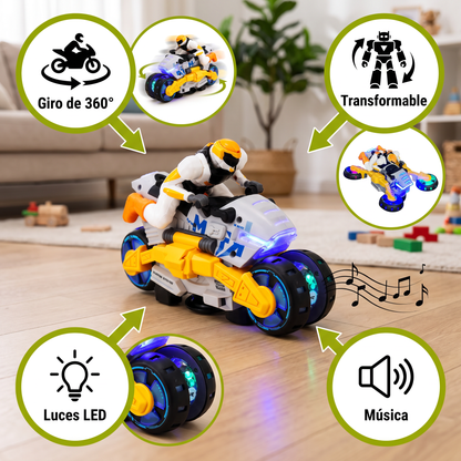 Motocicleta de Acrobacias Transformable para Niños con Función de Giro de 360 Grados