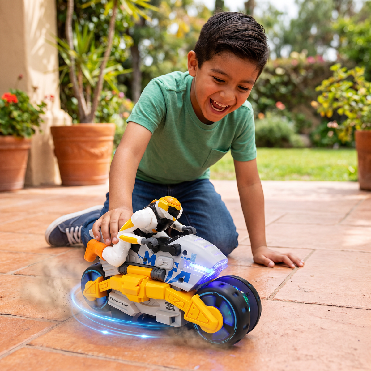 Motocicleta de Acrobacias Transformable para Niños con Función de Giro de 360 Grados