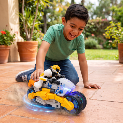 Motocicleta de Acrobacias Transformable para Niños con Función de Giro de 360 Grados