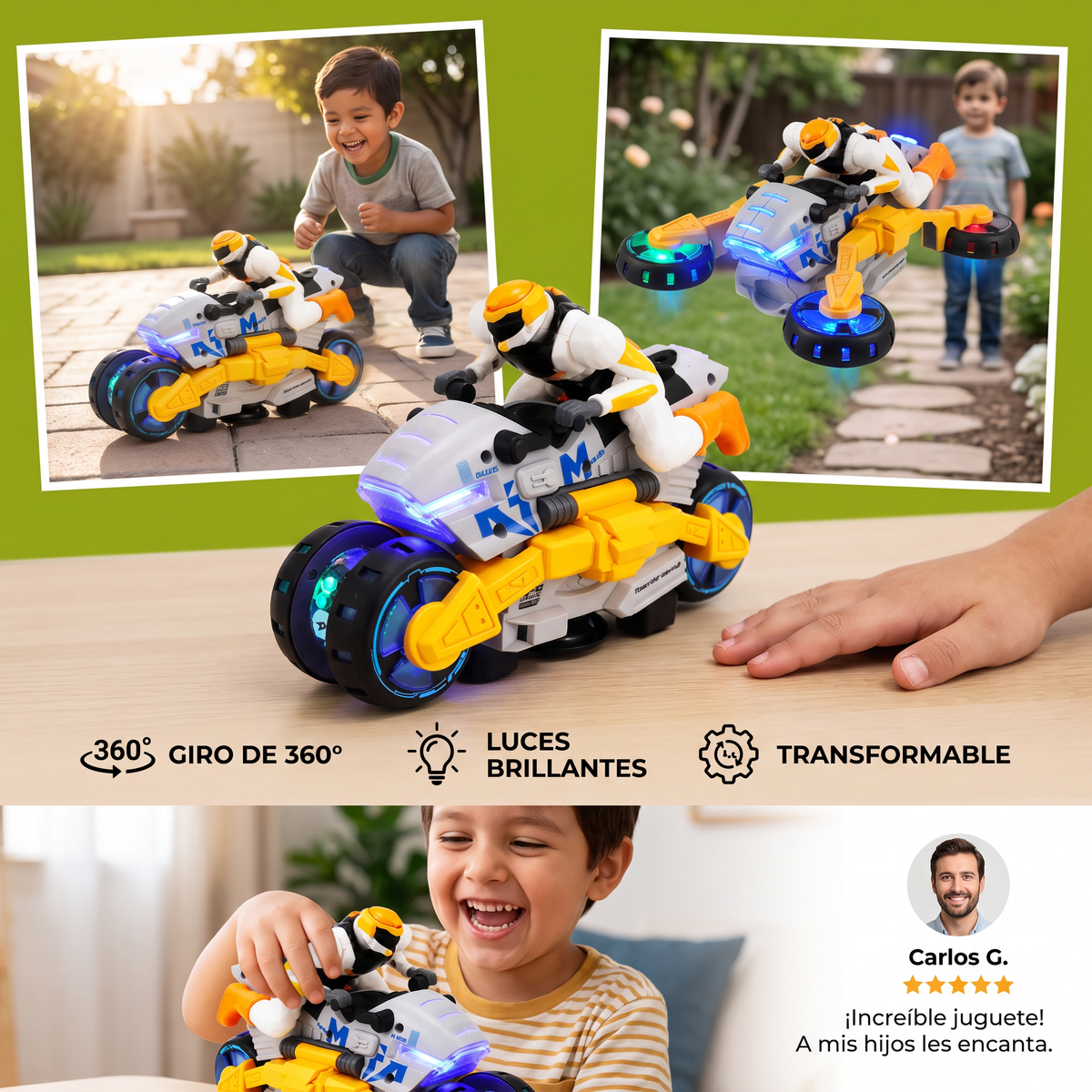 Motocicleta de Acrobacias Transformable para Niños con Función de Giro de 360 Grados