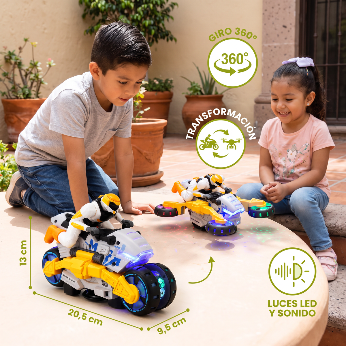 Motocicleta de Acrobacias Transformable para Niños con Función de Giro de 360 Grados
