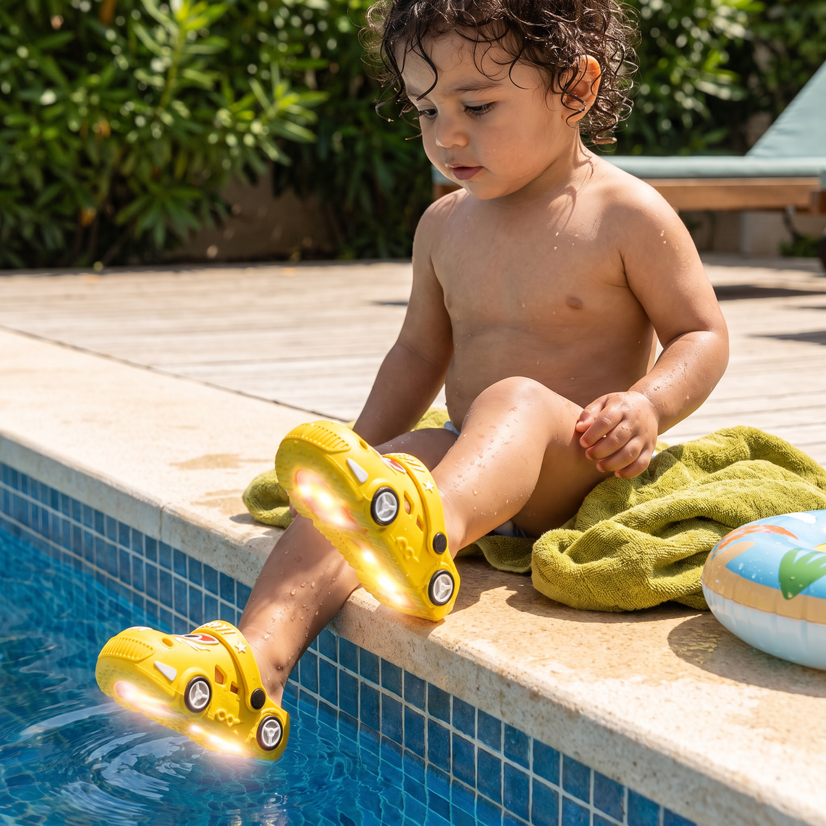 Sandalias infantiles luminosas con diseño de auto – chanclas de baño con suela antideslizante