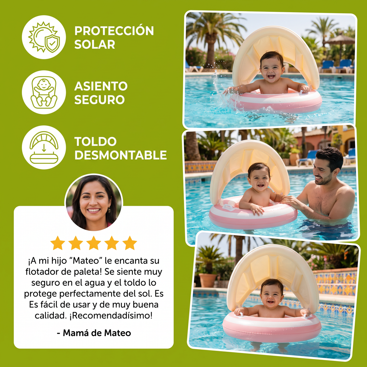 Flotador inflable retro en forma de paleta para bebé con toldo desmontable – Asiento seguro de 6 a 36 meses