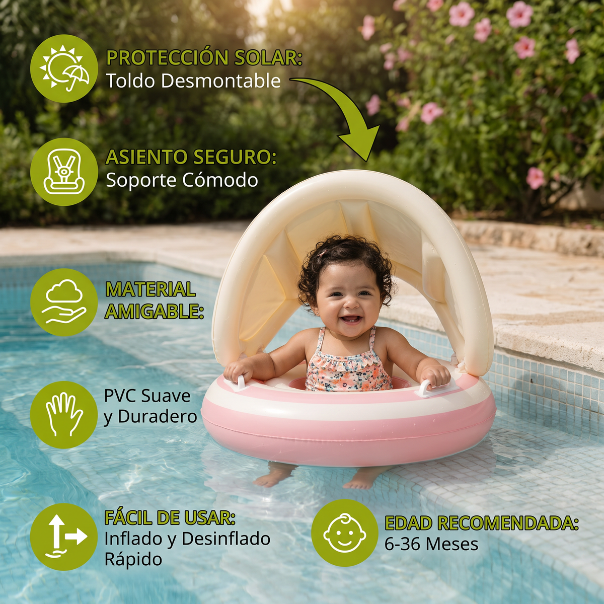 Flotador inflable retro en forma de paleta para bebé con toldo desmontable – Asiento seguro de 6 a 36 meses