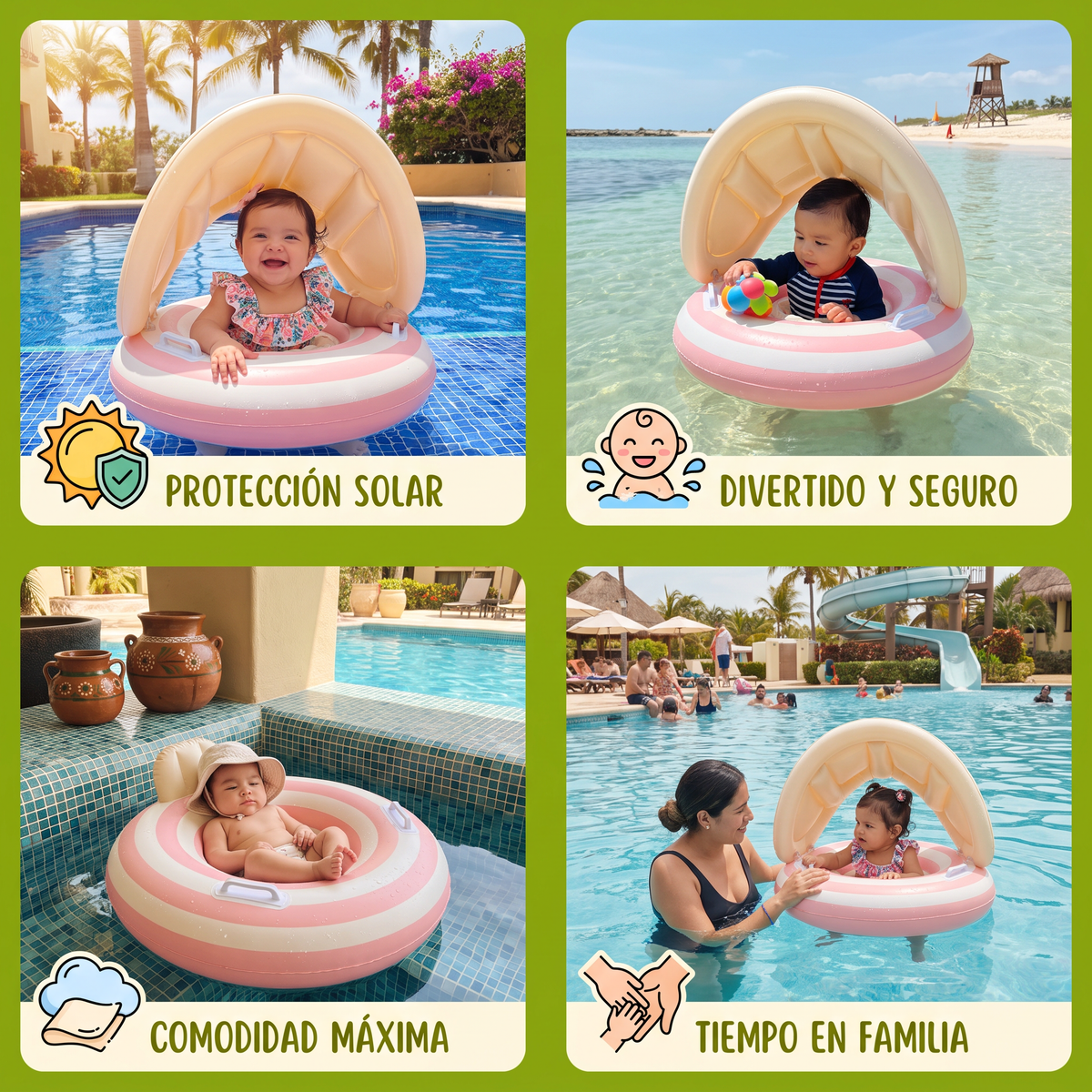 Flotador inflable retro en forma de paleta para bebé con toldo desmontable – Asiento seguro de 6 a 36 meses