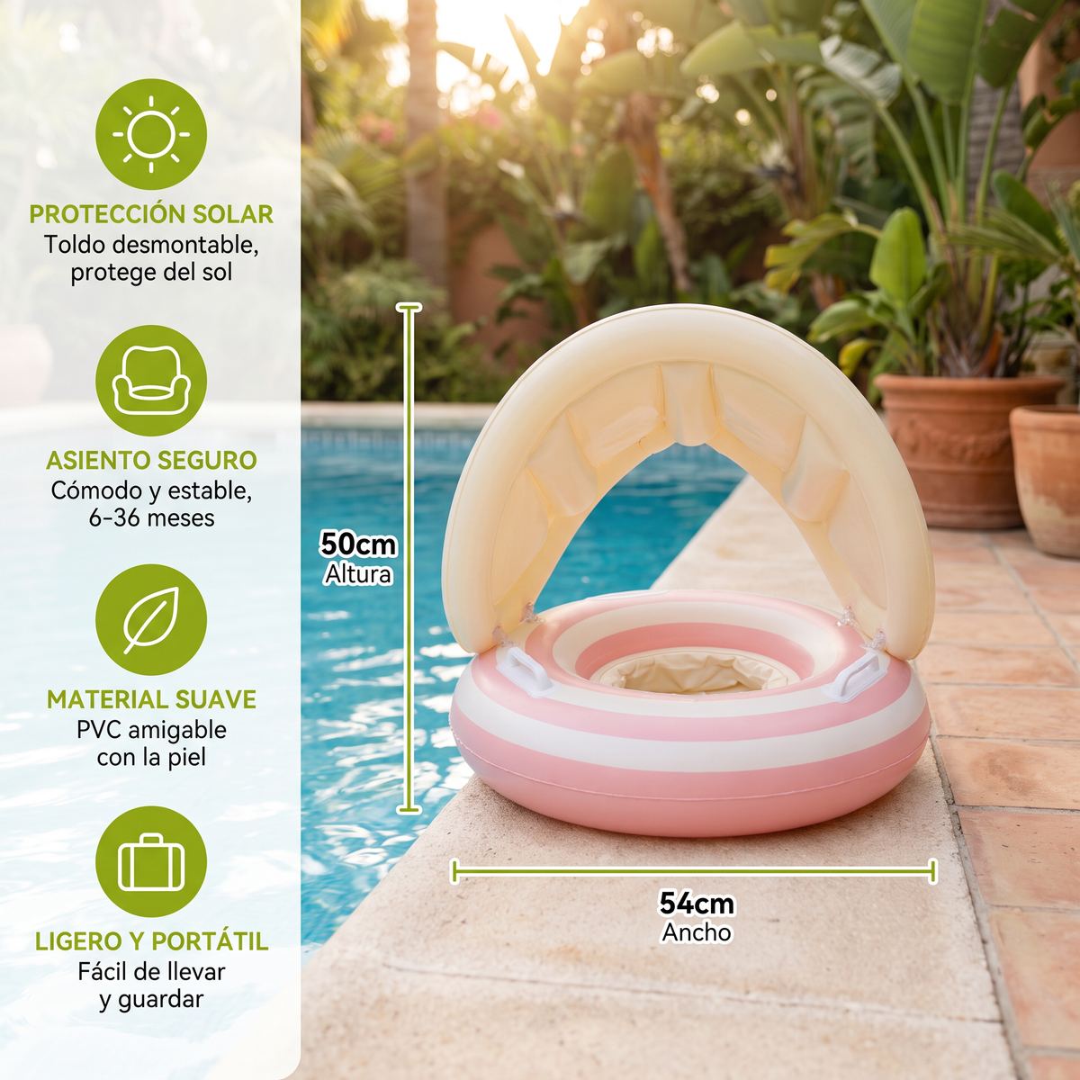 Flotador inflable retro en forma de paleta para bebé con toldo desmontable – Asiento seguro de 6 a 36 meses