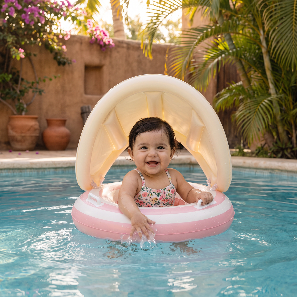 Flotador inflable retro en forma de paleta para bebé con toldo desmontable – Asiento seguro de 6 a 36 meses