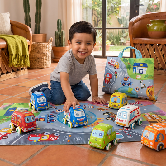Set de Carritos Suaves de Fricción con Tapete de Juego Plegable y Bolsa de Transporte