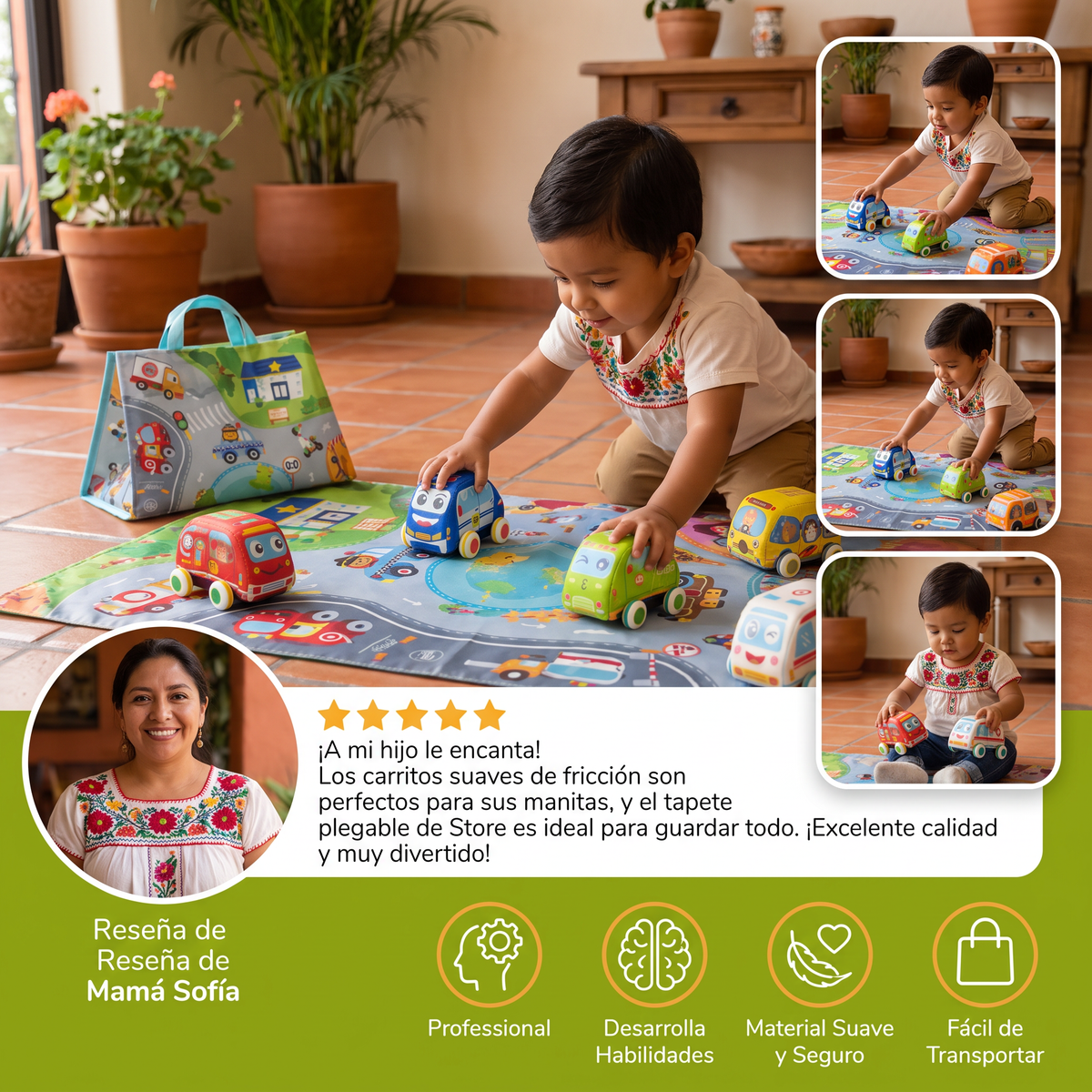Set de Carritos Suaves de Fricción con Tapete de Juego Plegable y Bolsa de Transporte