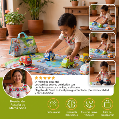 Set de Carritos Suaves de Fricción con Tapete de Juego Plegable y Bolsa de Transporte