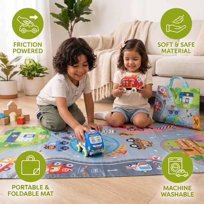 Set de Carritos Suaves de Fricción con Tapete de Juego Plegable y Bolsa de Transporte
