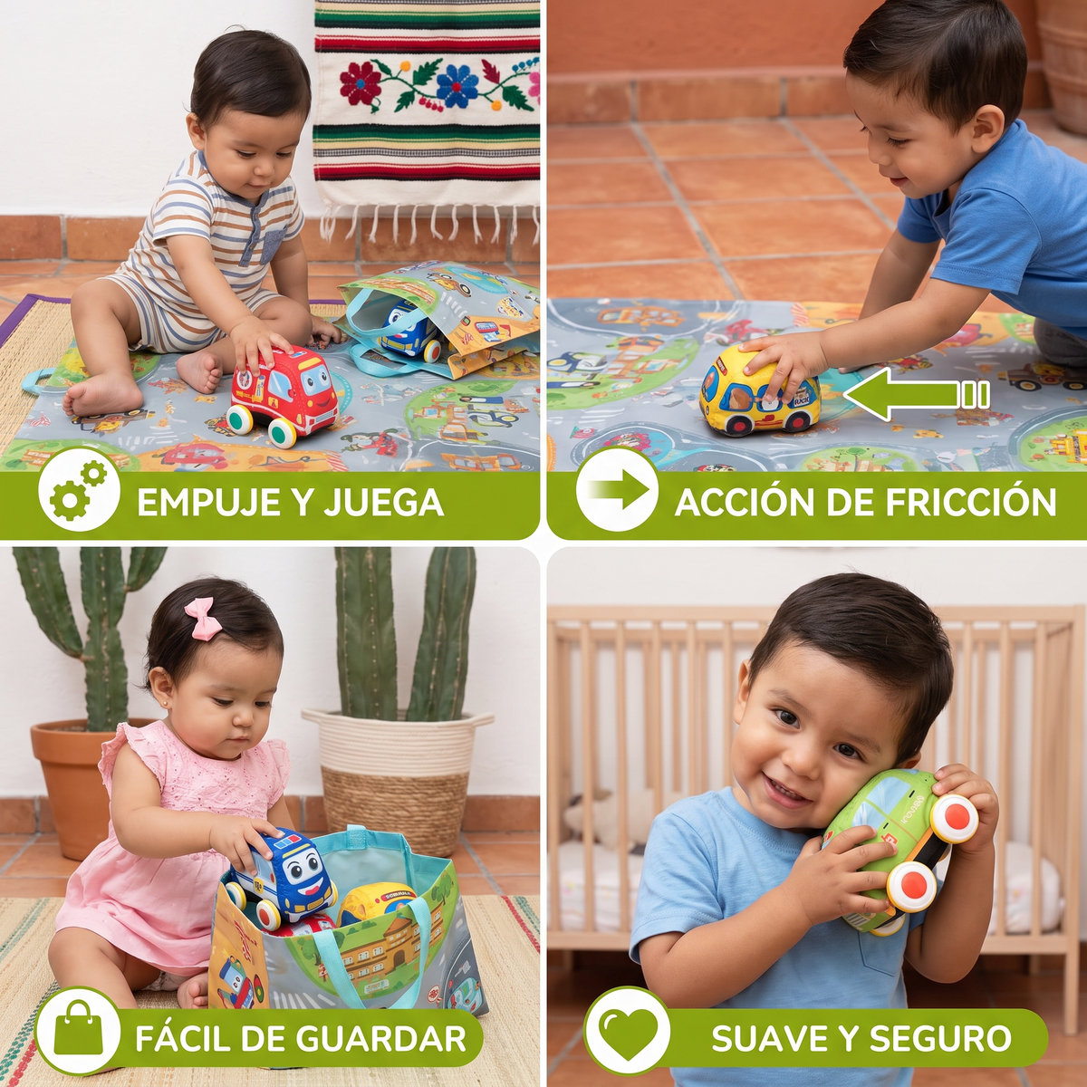 Set de Carritos Suaves de Fricción con Tapete de Juego Plegable y Bolsa de Transporte