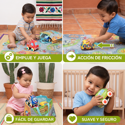 Set de Carritos Suaves de Fricción con Tapete de Juego Plegable y Bolsa de Transporte