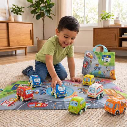 Set de Carritos Suaves de Fricción con Tapete de Juego Plegable y Bolsa de Transporte